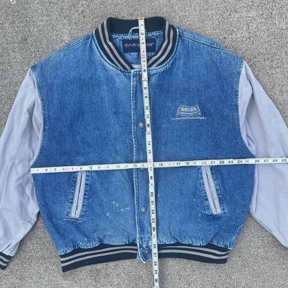 Vintage 90s Denim Jean Varsity Bomber Jacket Swingster | Size XL - Picture 3 of 11